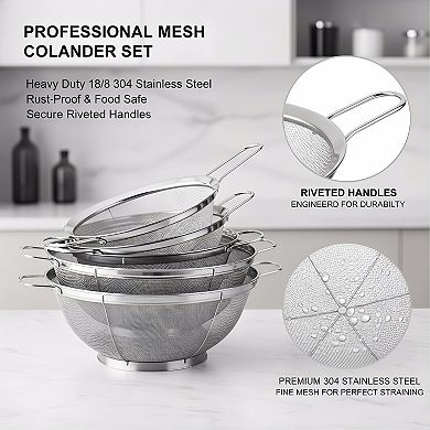 3-Piece Stainless Steel Colander Set, 5/4/3-Quart Mesh Sieves with Handles Base for Draining
