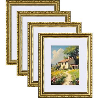 Zoulao Set of 4 Gold 8x10 Picture Frames, Glass Front, with Mat for 5x7 or 8x10 Display.