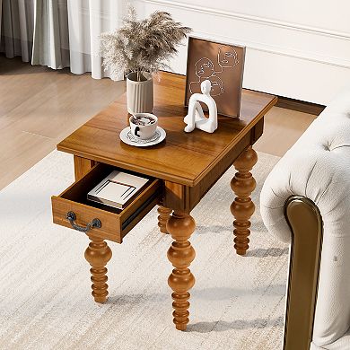 KWPZQEB Wood Block Legs Vintage Narrow End Table with Drawer for Living Room