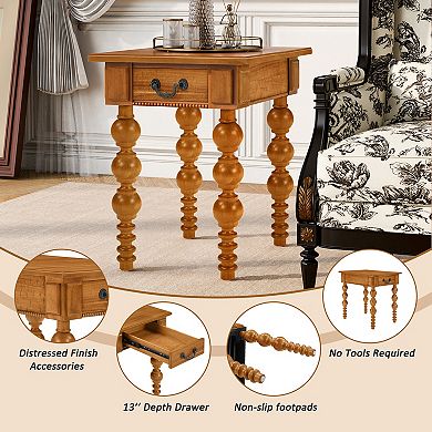 KWPZQEB Wood Block Legs Vintage Narrow End Table with Drawer for Living Room