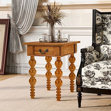 KWPZQEB Wood Block Legs Vintage Narrow End Table with Drawer for Living Room