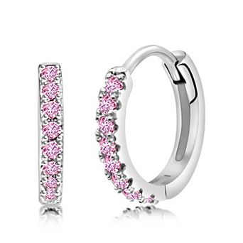 Girls Pink CZ Hoop Earrings Hypoallergenic Kids Earrings, Rhodium Plated
