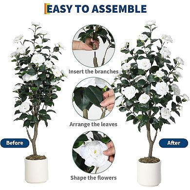 4FT Artificial Camellia Tree with Silk Flowers