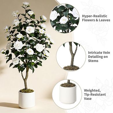 4FT Artificial Camellia Tree with Silk Flowers