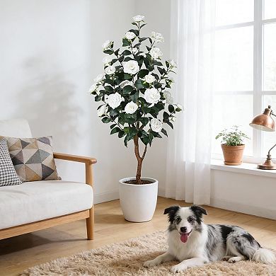 4FT Artificial Camellia Tree with Silk Flowers