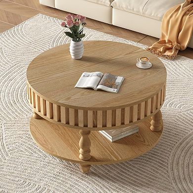 KWPZQEB American Rustic Round Fluted Coffee Table with Flip-Top Lids, Hidden Storage