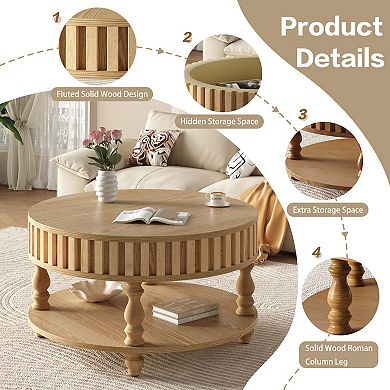 KWPZQEB American Rustic Round Fluted Coffee Table with Flip-Top Lids, Hidden Storage