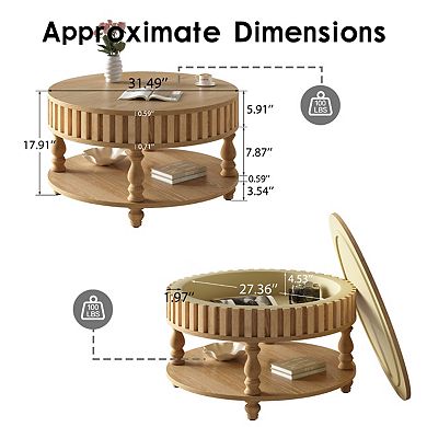 KWPZQEB American Rustic Round Fluted Coffee Table with Flip-Top Lids, Hidden Storage