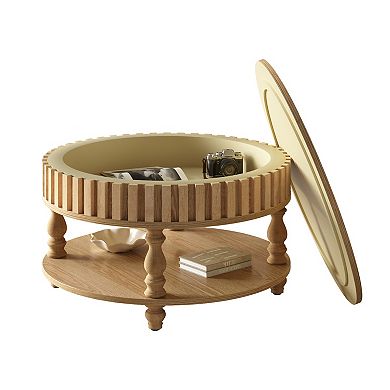KWPZQEB American Rustic Round Fluted Coffee Table with Flip-Top Lids, Hidden Storage