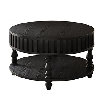 KWPZQEB American Rustic Round Fluted Coffee Table with Flip-Top Lids, Hidden Storage