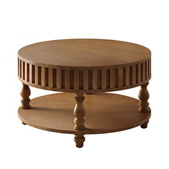 KWPZQEB American Rustic Round Fluted Coffee Table with Flip-Top Lids, Hidden Storage