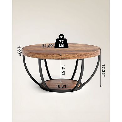 Round Coffee Table with Two Tier Storage Shelf and Metal Base for Living Room