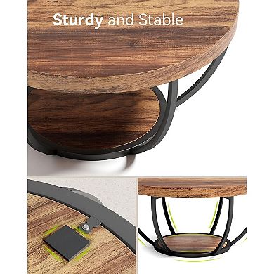 Round Coffee Table with Two Tier Storage Shelf and Metal Base for Living Room