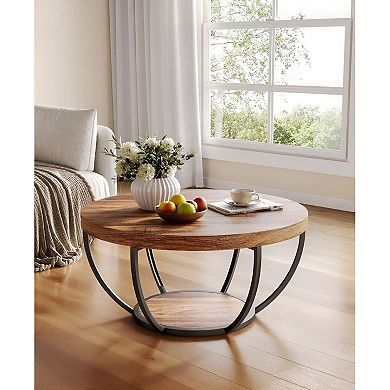 Round Coffee Table with Two Tier Storage Shelf and Metal Base for Living Room