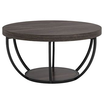 Round Coffee Table with Two Tier Storage Shelf and Metal Base for Living Room