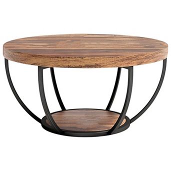 Round Coffee Table with Two Tier Storage Shelf and Metal Base for Living Room