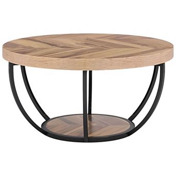 Round Coffee Table with Two Tier Storage Shelf and Metal Base for Living Room