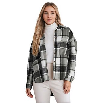 Zeagoo Women's Casual Plaid Flannel Shacket Long Sleeve Button Down Jacket Coats with Side Pockets
