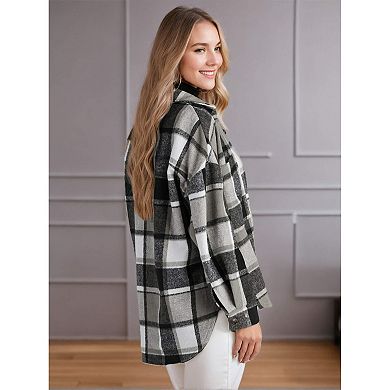 Zeagoo Women's Casual Plaid Flannel Shacket Long Sleeve Button Down Jacket Coats with Side Pockets