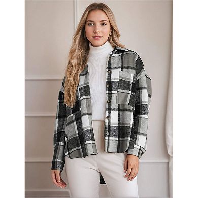 Zeagoo Women's Casual Plaid Flannel Shacket Long Sleeve Button Down Jacket Coats with Side Pockets