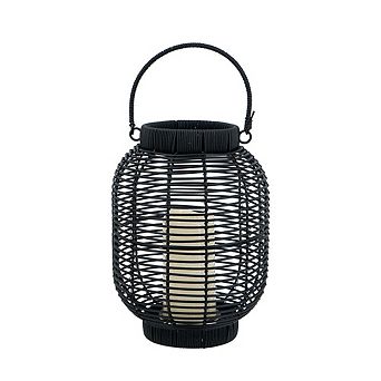 8.7"x8.7"x11.8" Black Poly Rattan Lantern with White LED Candle