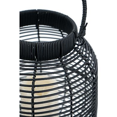 8.7"x8.7"x11.8" Black Poly Rattan Lantern with White LED Candle