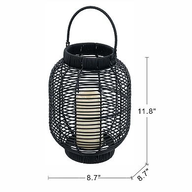 8.7"x8.7"x11.8" Black Poly Rattan Lantern with White LED Candle
