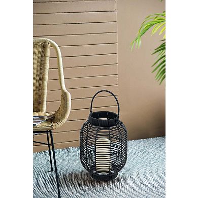 8.7"x8.7"x11.8" Black Poly Rattan Lantern with White LED Candle