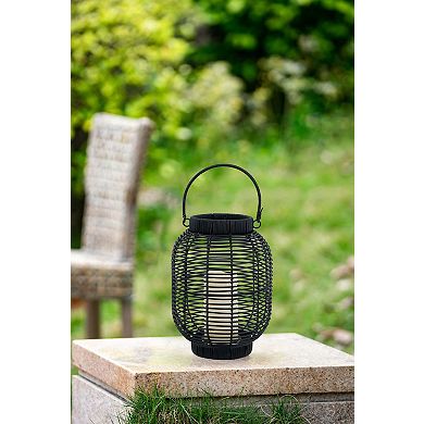 8.7"x8.7"x11.8" Black Poly Rattan Lantern with White LED Candle