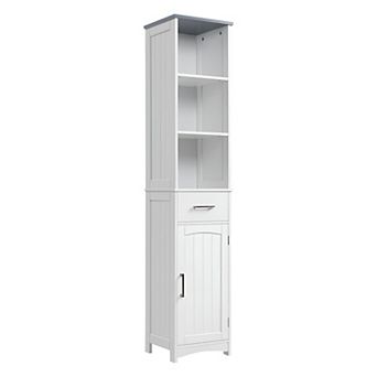 Tall Narrow Storage Cabinet with Open Shelves, Drawer, and Door