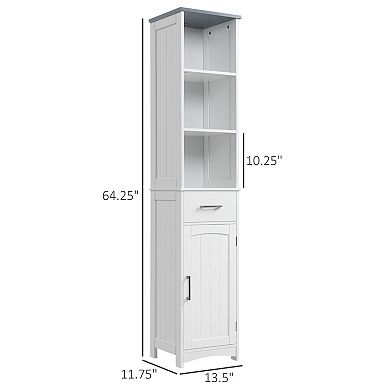 Tall Narrow Storage Cabinet with Open Shelves, Drawer, and Door