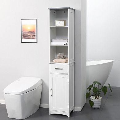 Tall Narrow Storage Cabinet with Open Shelves, Drawer, and Door