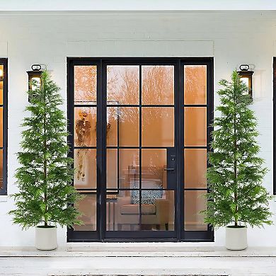 2-pack 6ft cedar topiaries, white pots, UV-resistant for indoor/outdoor garden or farmhouse.