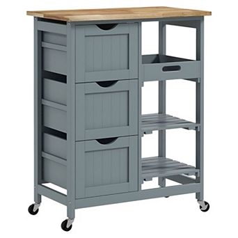 Rolling Kitchen Cart with 3 Drawers, 3 Shelves, and Wooden Worktop, 26 inch - Grey