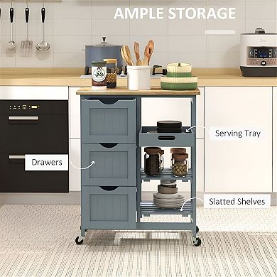 Rolling Kitchen Cart with 3 Drawers, 3 Shelves, and Wooden Worktop, 26 inch - Grey