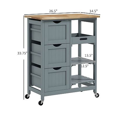 Rolling Kitchen Cart with 3 Drawers, 3 Shelves, and Wooden Worktop, 26 inch - Grey
