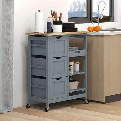 Rolling Kitchen Cart with 3 Drawers, 3 Shelves, and Wooden Worktop, 26 inch - Grey