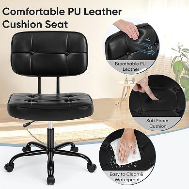 PU Leather Armless Office Chair with Wheels, Compact Ergonomic Desk Chair