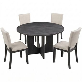 GOMYHOME 5 pc Round Dining Table Set, 47.3" Wood Dining Table with 4 Upholstered Chairs, Antique