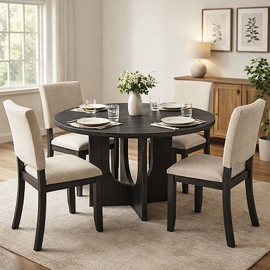 GOMYHOME 5-Piece Round Dining Table Set, 47.3" Wood Dining Table with 4 Upholstered Chairs, Antique
