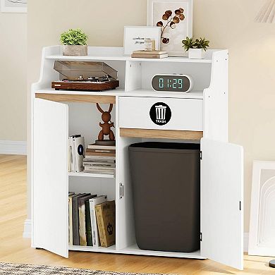 Kitchen Trash Storage Cabinet with Dual Compartments, Barrier Countertop, and Flush Handles