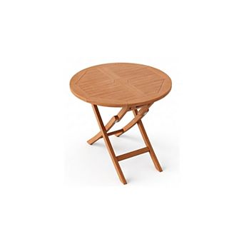 Folding Teak Wood Patio Coffee Table Round Outdoor Accent Table 31.5 Inch