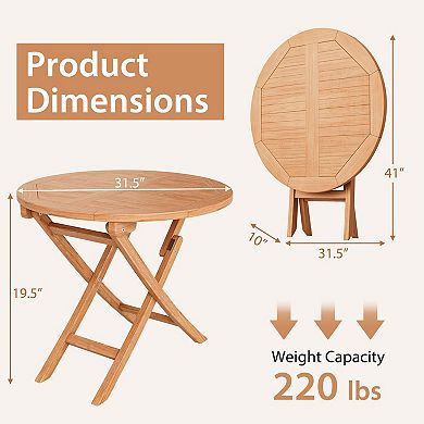 Folding Teak Wood Patio Coffee Table Round Outdoor Accent Table 31.5 Inch