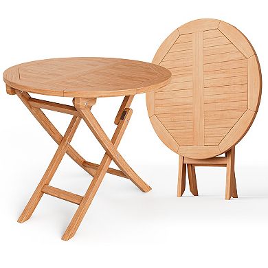 Folding Teak Wood Patio Coffee Table Round Outdoor Accent Table 31.5 Inch