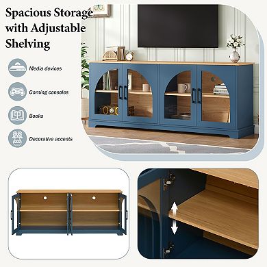 Trikiousd Farmhouse TV Stand with Arched Glass Doors & Adjustable Shelves for TVs Up to 70"