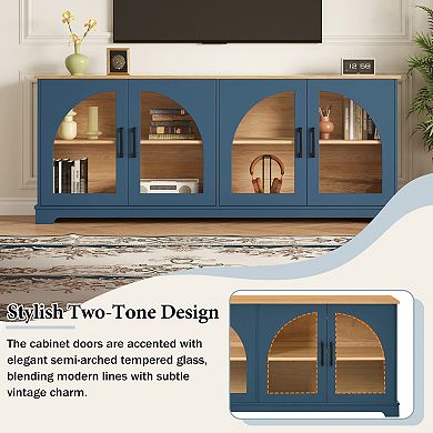 Trikiousd Farmhouse TV Stand with Arched Glass Doors & Adjustable Shelves for TVs Up to 70"
