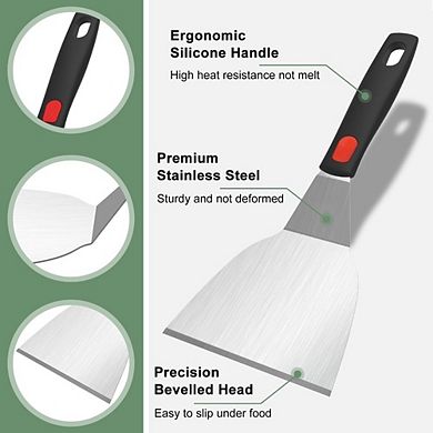 Zoulao Stainless Steel Spatula Set, Heavy-Duty, Silicone Handle, for Cast Iron, Grill, Pancake