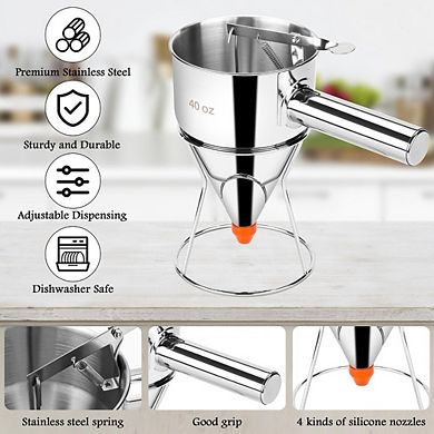 Zoulao 40oz Stainless Steel Pancake Batter Dispenser with Squeeze Handle & Nozzles