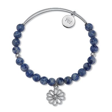 Genuine Blue Sodalite Silvertone Flower Charm Bangle, 7.5 Inches