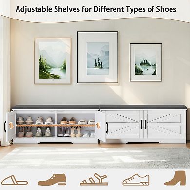 Farmhouse Entryway Shoe Bench with Cushion & Adjustable Shelves, for Entryway Bedroom
